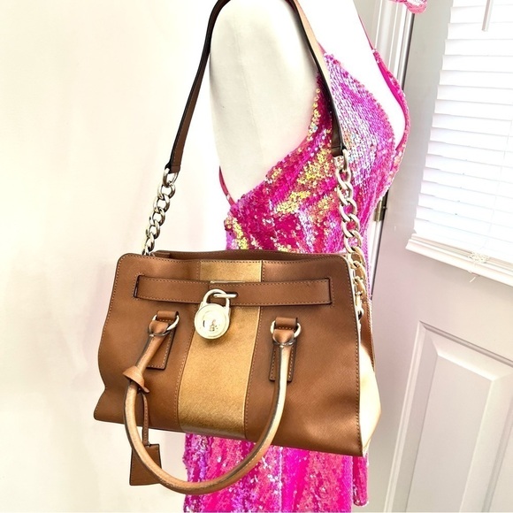 Michael Kors Hamilton Center Stripe Luggage Saffiano Satchel Crossbody Bag - Picture 8 of 16